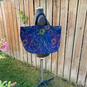 May include: A tote bag with a dark blue background and a constellation pattern in gold. The constellations are outlined in white and the bag has black straps.