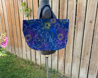 Purple Canvas Tote Bag, Large Shopping Bag, Reinforced boxed bottom, Astrological Bag, Boxed corners