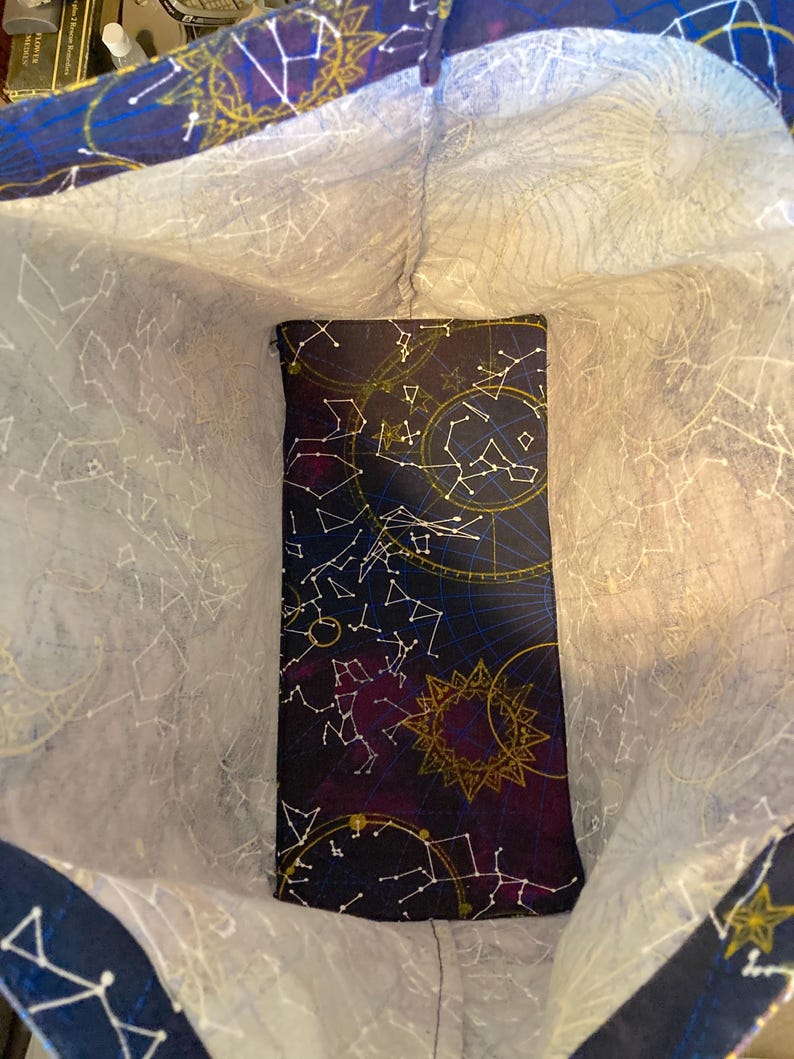 May include: A dark purple tote bag with a white lining. The exterior of the bag features a constellation pattern with gold accents. The interior of the bag is lined with a white fabric.
