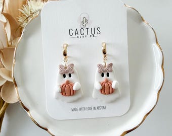 Pumpkin Holding Ghost Clay Earrings
