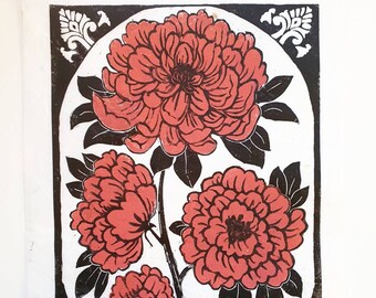 Orange Floral Linocut Print, Retro Flower Wall Art