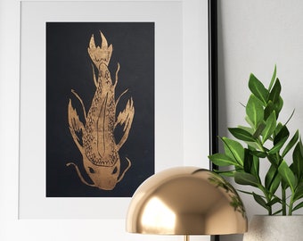 Gold Koi Fish Linocut Print, Japanese Oriental Art