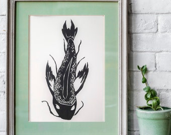 Black Koi fish linocut, Oriental art print, Japanese koi fish art, Hand-carved print, Cute animal art, handmade art, home decor, gift ideas