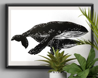 Grabado en linóleo hecho a mano de una ballena, madre y cría, arte mural náutico.