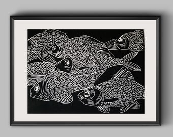 Black School of fish wall art, Vintage fish wall decor,  Apartment wall decor, fish linocut print, Nautical art print, oriental art