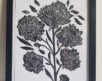 May include: Black and white print of a floral bouquet with five flowers and leaves. The flowers are stylized and have a textured look.