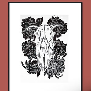 Ram skull wall art print, boho skull and flowers art print, halloween gothic printanatomical art print, linocut art print