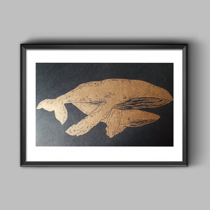 Gold Whale wall art, Linocut Print, Gifts for mum, Nautical Print Humpback Whale, Gold gift ideas, Original Art, Nautical Decor ideas