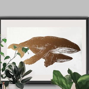 Gold Whale wall art print, Vintage gold wall art, Nautical Print Humpback Lino Cut Original Art, Hand Printed Nautical Gift ideas