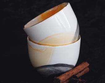 Tazze fatte a mano per cappuccino arancioni e nere con dettagli dorati, regalo moderno di lusso, tazza Espresso contemporanea da 200 ml, tazza con disegno ad acquerello