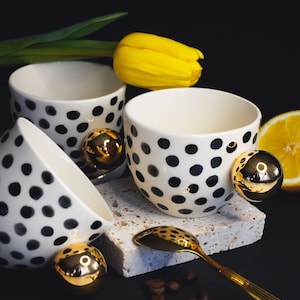 Polka dots cappuccino handmade mugs set with golden handle,Luxurious modern gift,Espresso contemporary 200 ml cup,Black dotted coffee cup