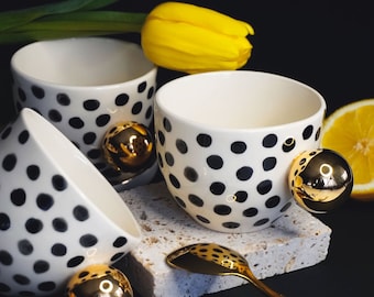 Polka dots cappuccino handmade mugs set with golden handle,Luxurious modern gift,Espresso contemporary 200 ml cup,Black dotted coffee cup