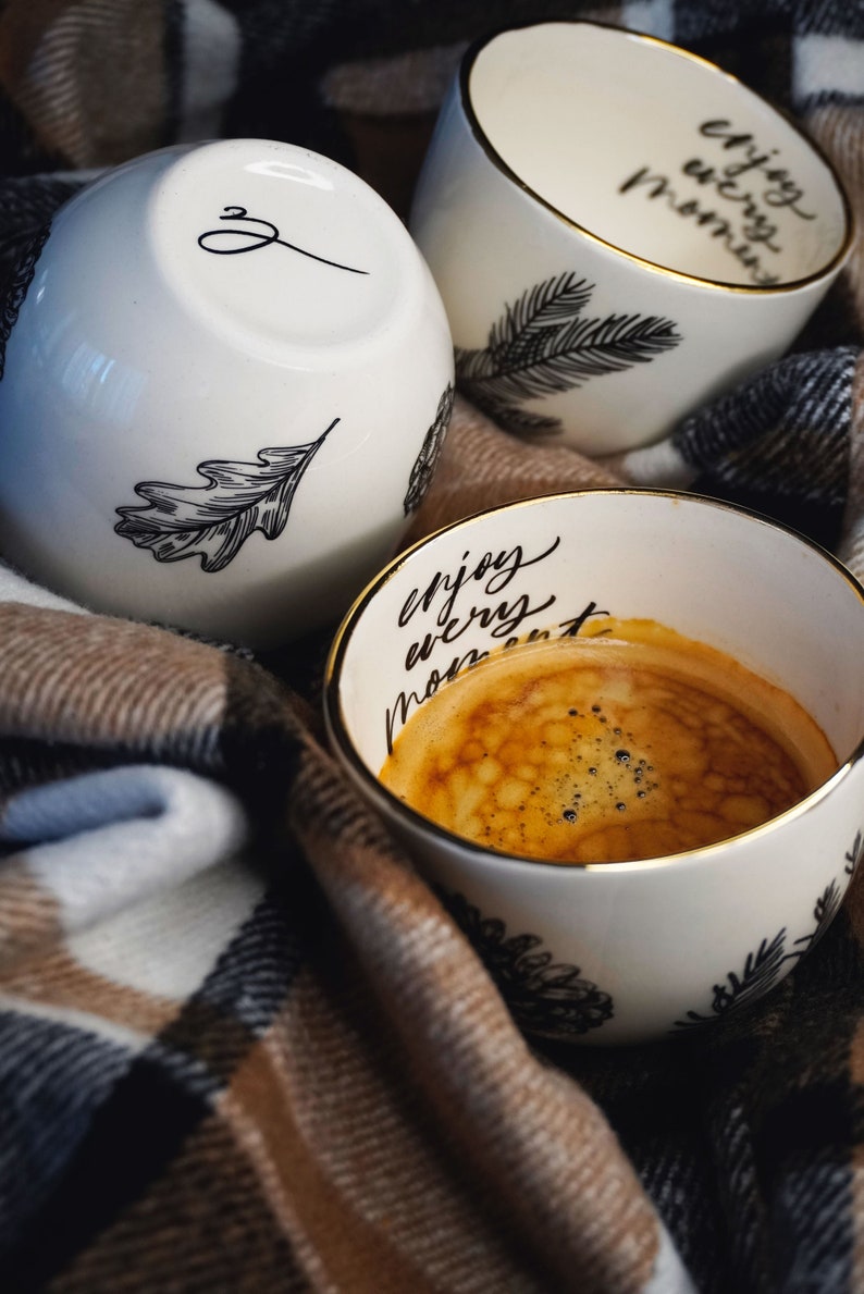 Ceramic coffee cup with forest design and gold,Handmade designer mug,Espresso lover gift,Fall decor,Christmas mug gift,Autumn decorations image 4
