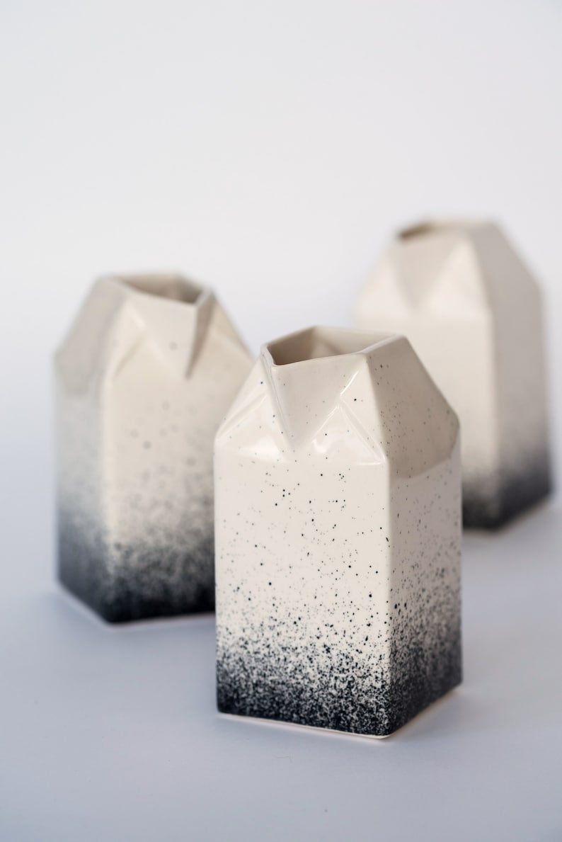 Ceramic pitcher/pourer/creamer,Tiny handmade pottery,Milk/cream/syrup/coffee/tea,Cafe/coffee shop,Modern Cute,Black splashes,Cardboard shape image 1