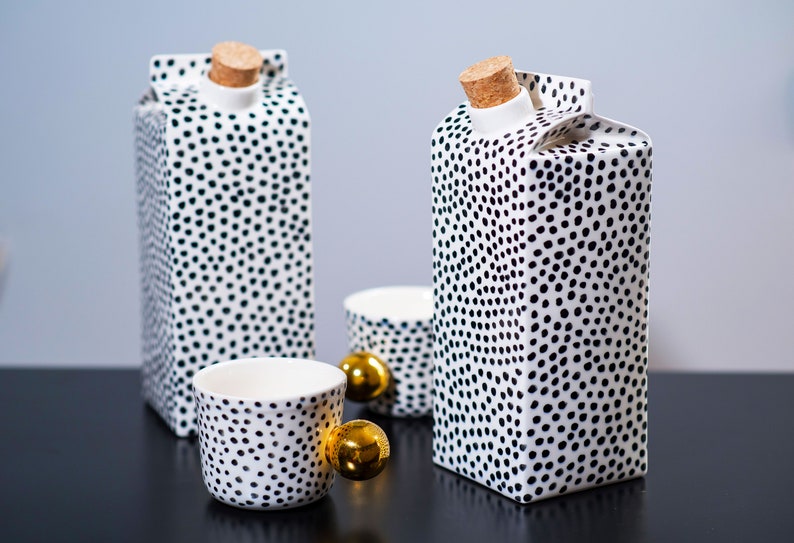 Polka dots ceramic milk jug,reusable water or milk bottle,minimalist design,scandinavian home decor,plastic free kitchen,unique vase,eco image 8