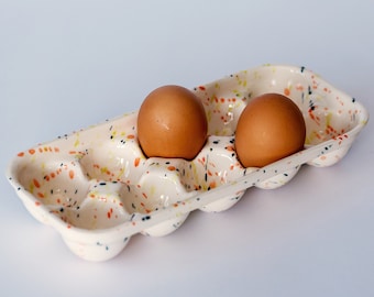 Ceramic handmade egg tray with rainbow splashes for 10 eggs,Porcelain egg holder,refrigerator egg container,Christmas Kitchen gift,Egg crate