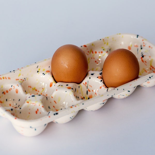 Ceramic handmade egg tray with rainbow splashes for 10 eggs,Porcelain egg holder,refrigerator egg container,Christmas Kitchen gift,Egg crate