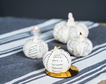 Ceramic black dotted pumpkin figurine with real gold,Fall season gift,Pumpkin statue autumn home decor,Cute Halloween table decor,Handmade