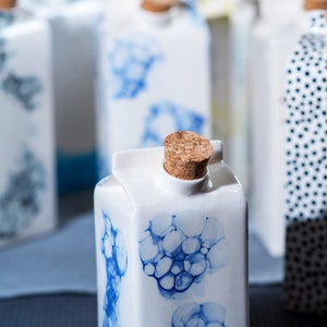 Designer small milk bottle with blue bubbles pattern,Handmade water or milk storage,Ceramic vase,Unique kitchen gift,Reusable ceramic bottle image 5