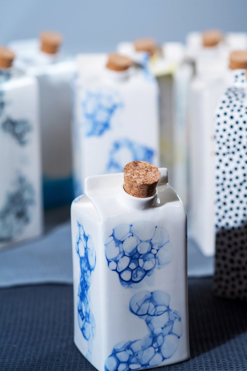 Designer small milk bottle with blue bubbles pattern,Handmade water or milk storage,Ceramic vase,Unique kitchen gift,Reusable ceramic bottle image 5