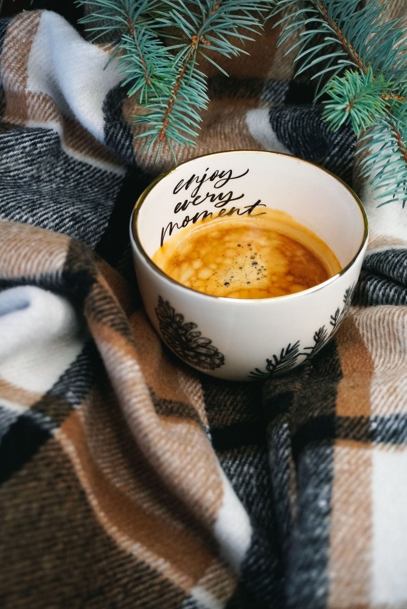 Ceramic coffee cup with forest design and gold,Handmade designer mug,Espresso lover gift,Fall decor,Christmas mug gift,Autumn decorations image 3