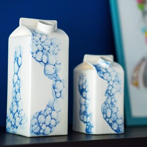 Designer small milk bottle with blue bubbles pattern,Handmade water or milk storage,Ceramic vase,Unique kitchen gift,Reusable ceramic bottle image 4