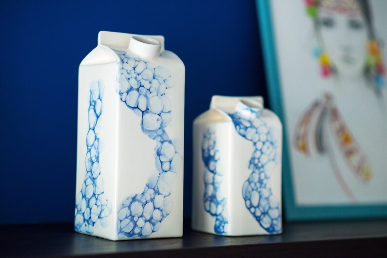 Designer small milk bottle with blue bubbles pattern,Handmade water or milk storage,Ceramic vase,Unique kitchen gift,Reusable ceramic bottle image 4