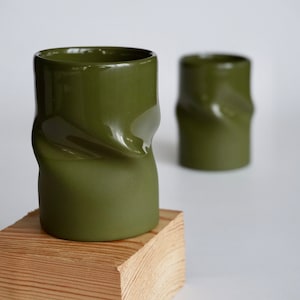 Ceramic espresso cups khaki green set of 2,Khaki green cappuccino mug,Unique handmade mug,Ceramic handcrafted coffee cup for coffee lover image 7