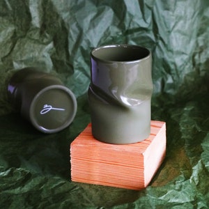 Ceramic espresso cups khaki green set of 2,Khaki green cappuccino mug,Unique handmade mug,Ceramic handcrafted coffee cup for coffee lover image 3