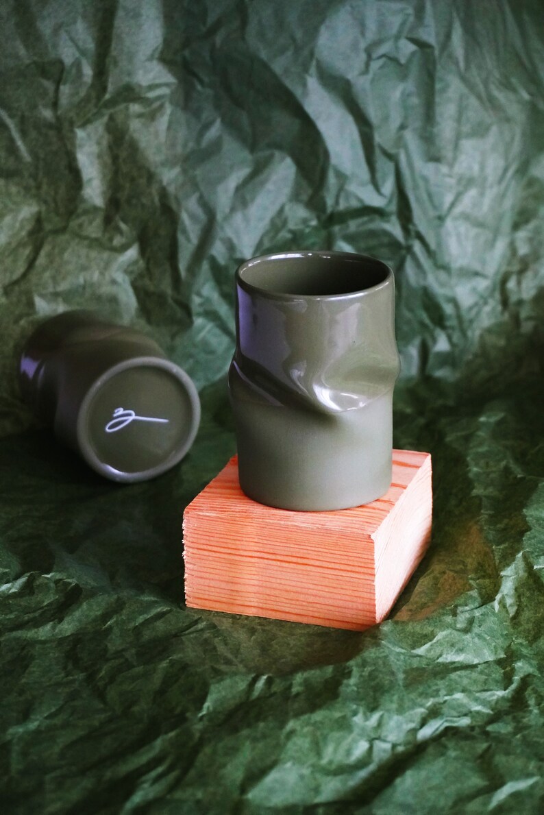 Ceramic espresso cups khaki green set of 2,Khaki green cappuccino mug,Unique handmade mug,Ceramic handcrafted coffee cup for coffee lover image 3