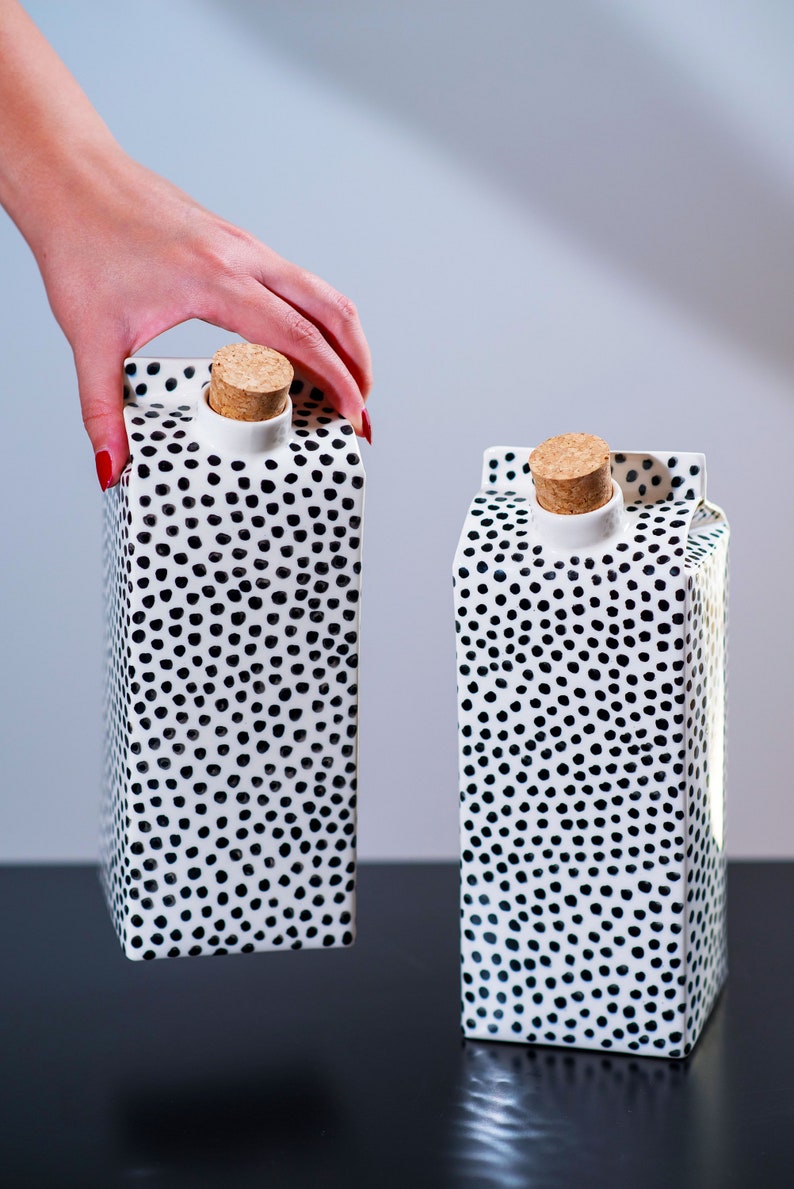 Polka dots ceramic milk jug,reusable water or milk bottle,minimalist design,scandinavian home decor,plastic free kitchen,unique vase,eco image 4