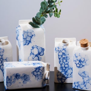 Designer small milk bottle with blue bubbles pattern,Handmade water or milk storage,Ceramic vase,Unique kitchen gift,Reusable ceramic bottle image 9