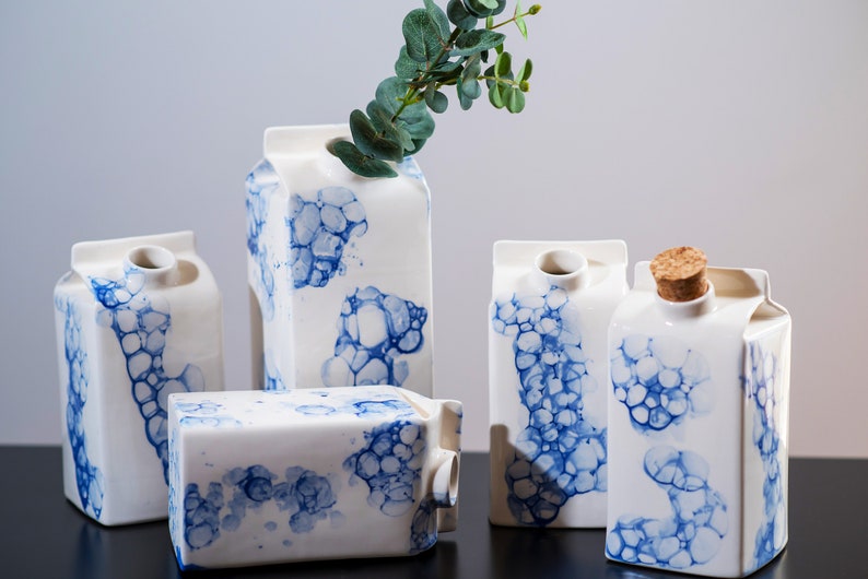 Designer small milk bottle with blue bubbles pattern,Handmade water or milk storage,Ceramic vase,Unique kitchen gift,Reusable ceramic bottle image 9