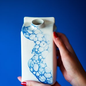 Designer small milk bottle with blue bubbles pattern,Handmade water or milk storage,Ceramic vase,Unique kitchen gift,Reusable ceramic bottle image 1