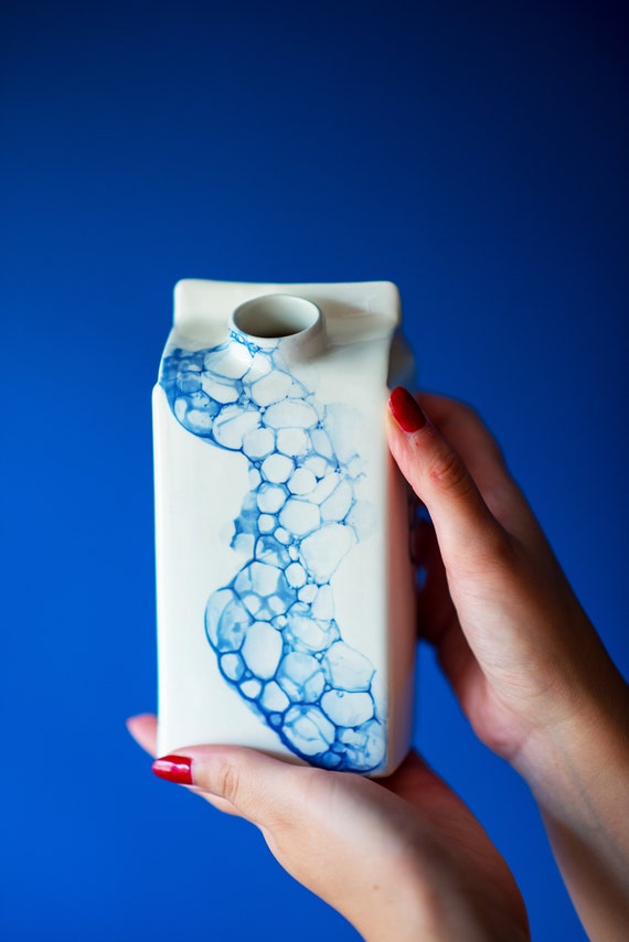 Designer Small Milk Bottle With Blue Bubbles Pattern,handmade Water or Milk  Storage,ceramic Vase,unique Kitchen Gift,reusable Ceramic Bottle 
