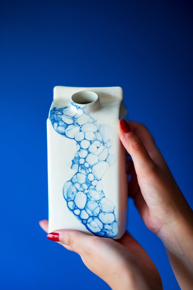 Designer small milk bottle with blue bubbles pattern,Handmade water or milk storage,Ceramic vase,Unique kitchen gift,Reusable ceramic bottle image 1