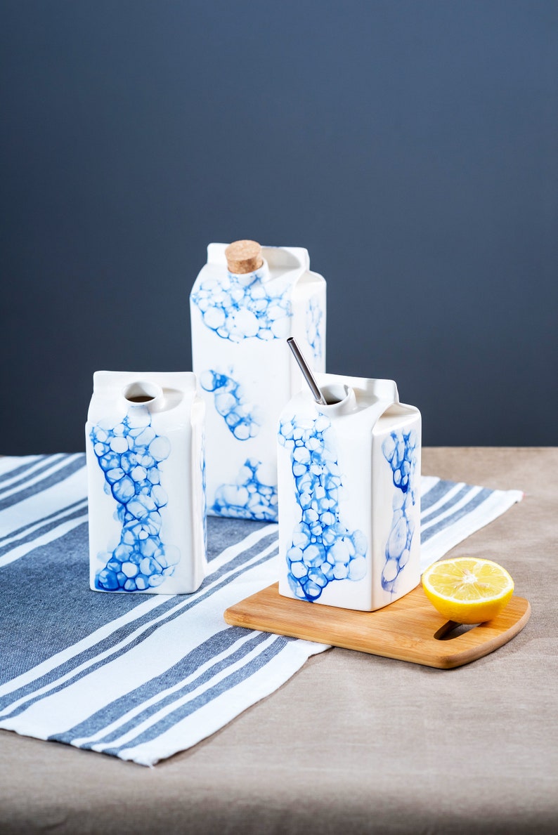 Designer small milk bottle with blue bubbles pattern,Handmade water or milk storage,Ceramic vase,Unique kitchen gift,Reusable ceramic bottle image 3