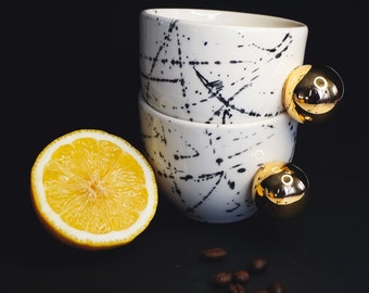 Ceramic 200 ml mugs set for cappuccino in white with black splashes & 22k genuine gold luster handle,Modern luxurious porcelain espresso mug