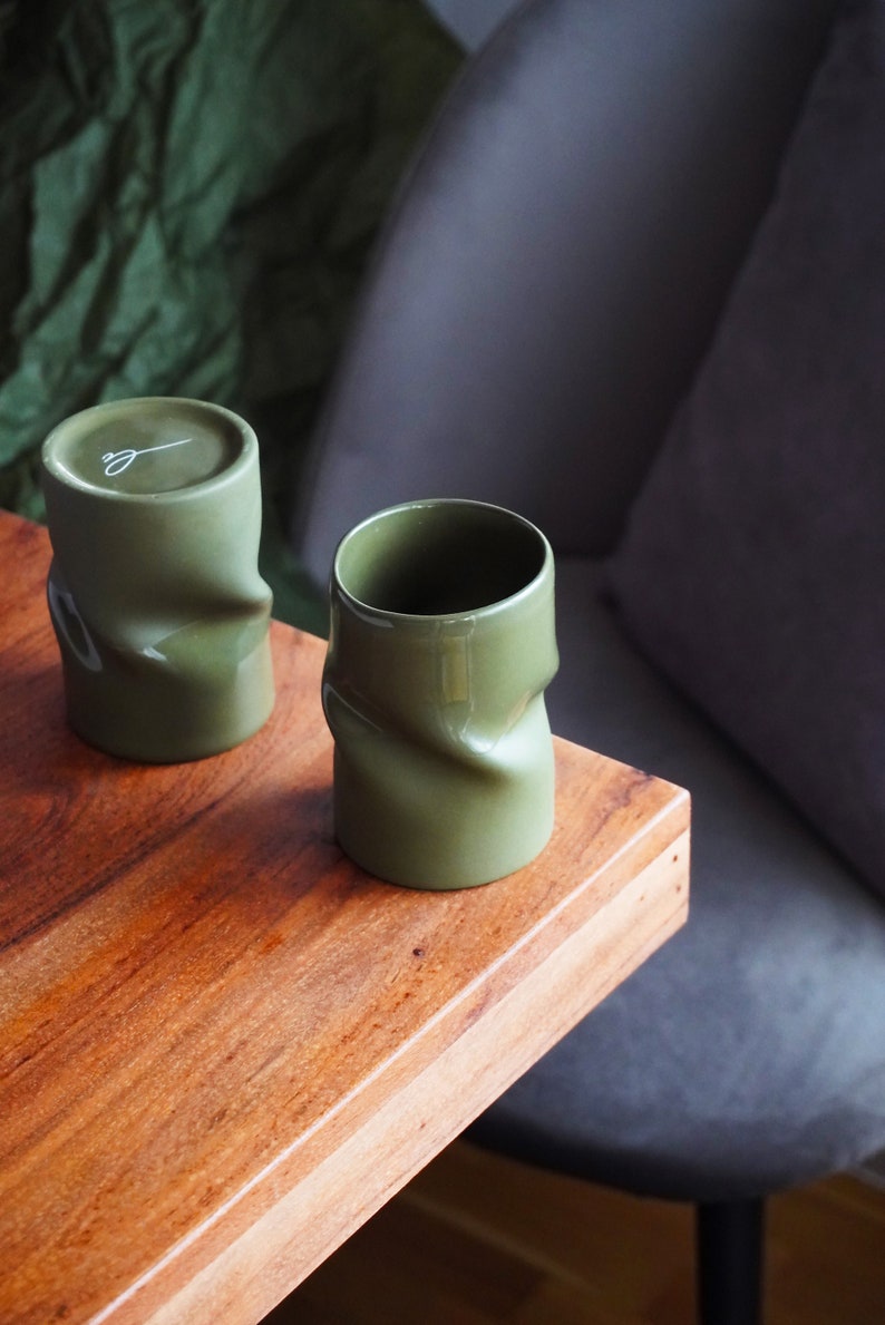 Ceramic espresso cups khaki green set of 2,Khaki green cappuccino mug,Unique handmade mug,Ceramic handcrafted coffee cup for coffee lover image 1