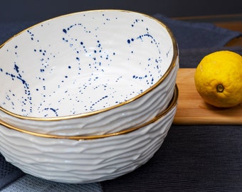 Ceramic handmade salad bowl in white with blue splashes & 22k genuine gold luster,ceramic serving bowl,unique kitchen gift,ceramic tableware