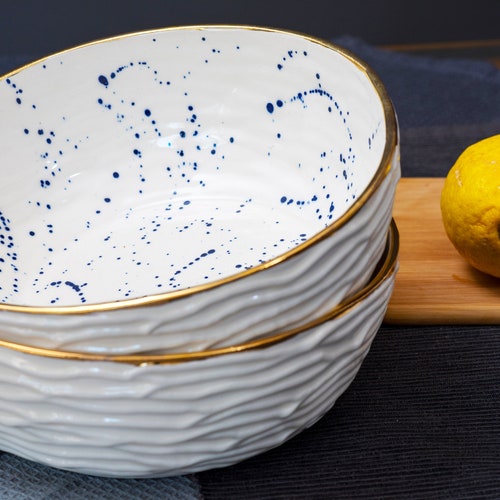 Ceramic Handmade Salad Bowl in White With Blue Splashes & 22k Etsy