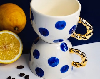 Porcelain blue polka dots cappuccino cup with 22k golden lustre handle,Ceramic coffee cup with handle,Handmade mug,Ceramic kitchenware