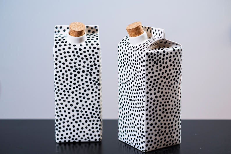 Polka dots ceramic milk jug,reusable water or milk bottle,minimalist design,scandinavian home decor,plastic free kitchen,unique vase,eco image 1