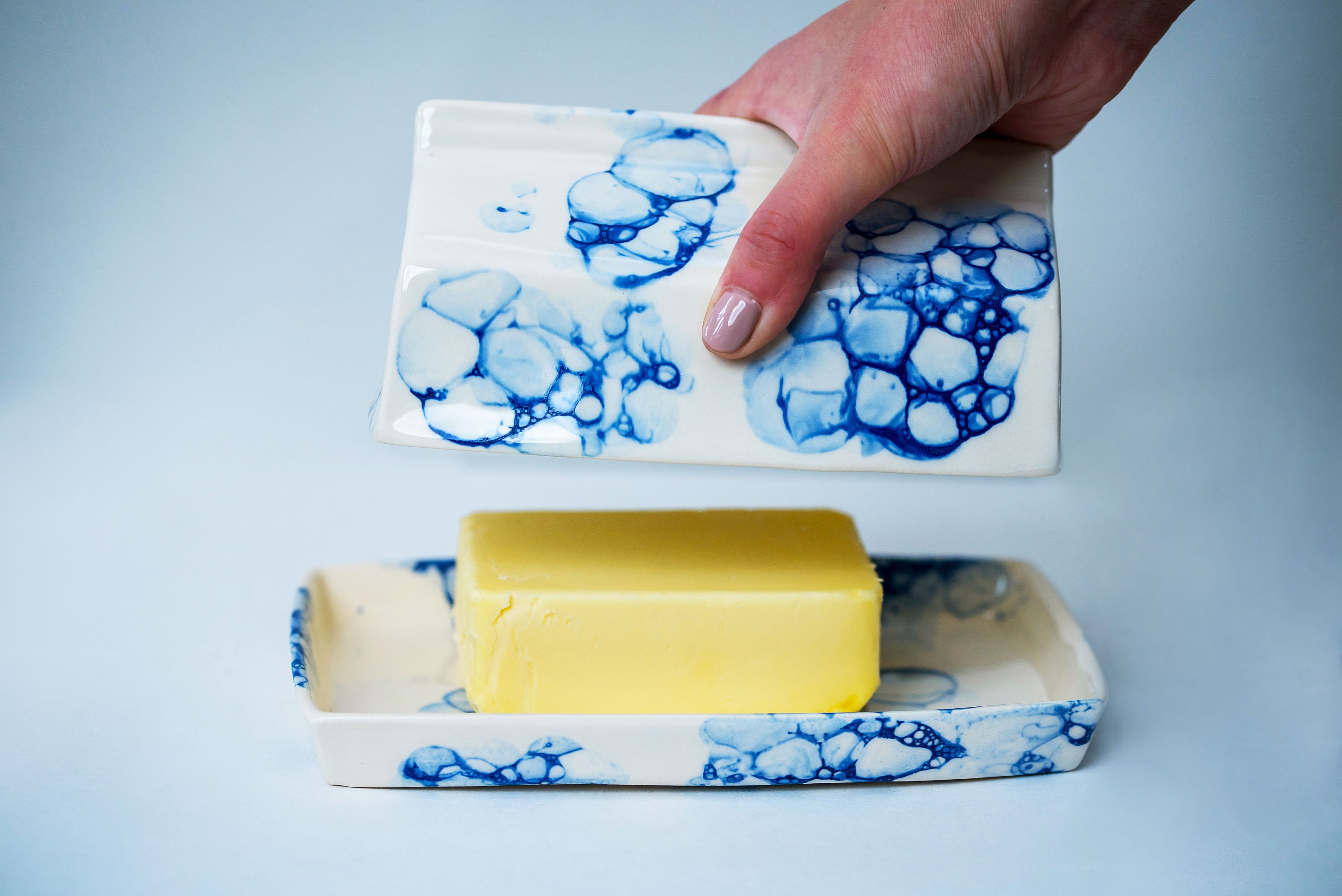 Réplique en Carton de Beurre Porcelaine avec Couvercle, Gardien Motif Bulles Bleues, Récipient à Beu