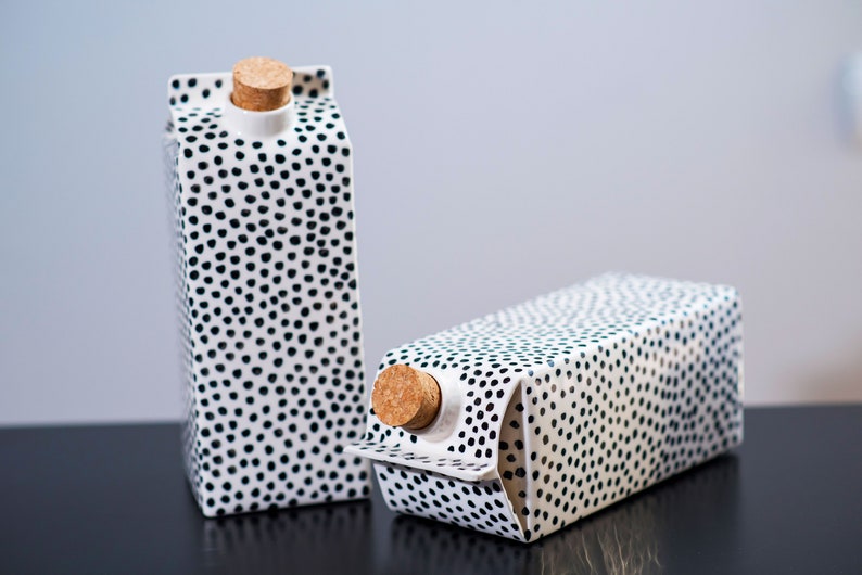 Polka dots ceramic milk jug,reusable water or milk bottle,minimalist design,scandinavian home decor,plastic free kitchen,unique vase,eco image 2
