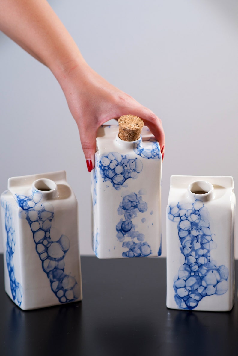 Designer small milk bottle with blue bubbles pattern,Handmade water or milk storage,Ceramic vase,Unique kitchen gift,Reusable ceramic bottle image 7