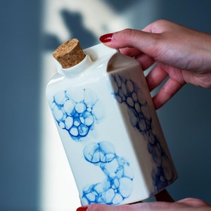 Designer small milk bottle with blue bubbles pattern,Handmade water or milk storage,Ceramic vase,Unique kitchen gift,Reusable ceramic bottle image 2