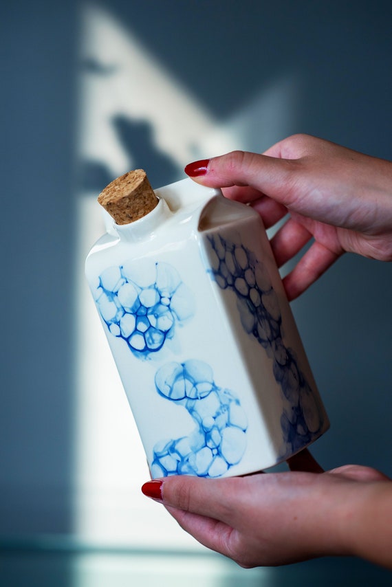 Designer Small Milk Bottle With Blue Bubbles Pattern,handmade Water or Milk  Storage,ceramic Vase,unique Kitchen Gift,reusable Ceramic Bottle 