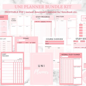 May include: A printable planner bundle kit for students. The kit includes pages for monthly, weekly, daily, and study session planning. The pages are pink and white with black text. The kit includes 13 pages.