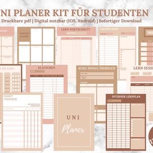 Könnte beinhalten: Ein druckbares Studenten-Planer-Set mit 13 Seiten. Die Seiten sind in einem hellbraunen und rosafarbenen Farbschema gehalten und beinhalten einen Monatsplaner, einen Wochenplaner, einen Tagesplaner, eine To-Do-Liste, einen Habit-Tracker und vieles mehr. Der Text auf den Seiten ist in deutscher Sprache.